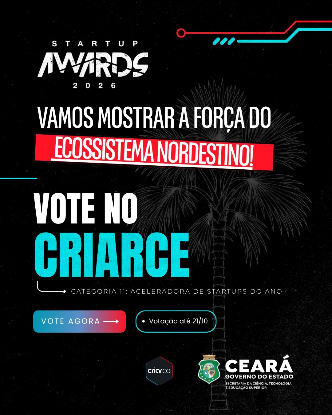 CriarCE é única aceleradora do NE indicada na categoria “Aceleradora do Ano”, do Startup Awards 2026
